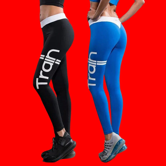 Two women’s athletic leggings in black and blue with Train printed vertically on the side