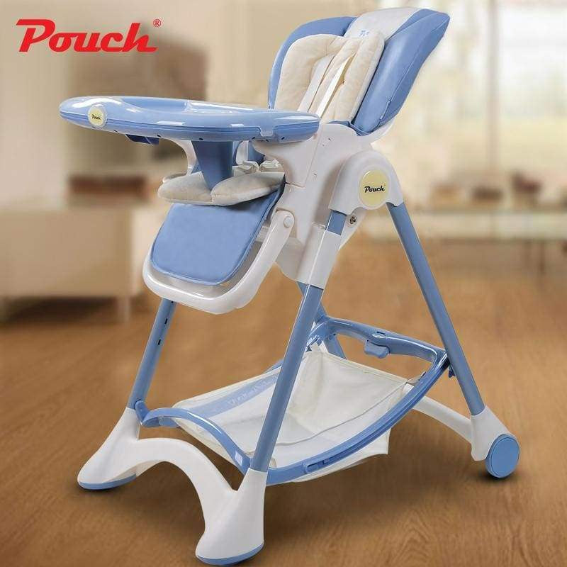 Blue and white high chair with adjustable tray wheels and safety harness by Pouch