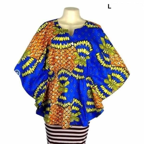 Vibrant blue, orange, and yellow African print peplum blouse with V-neck