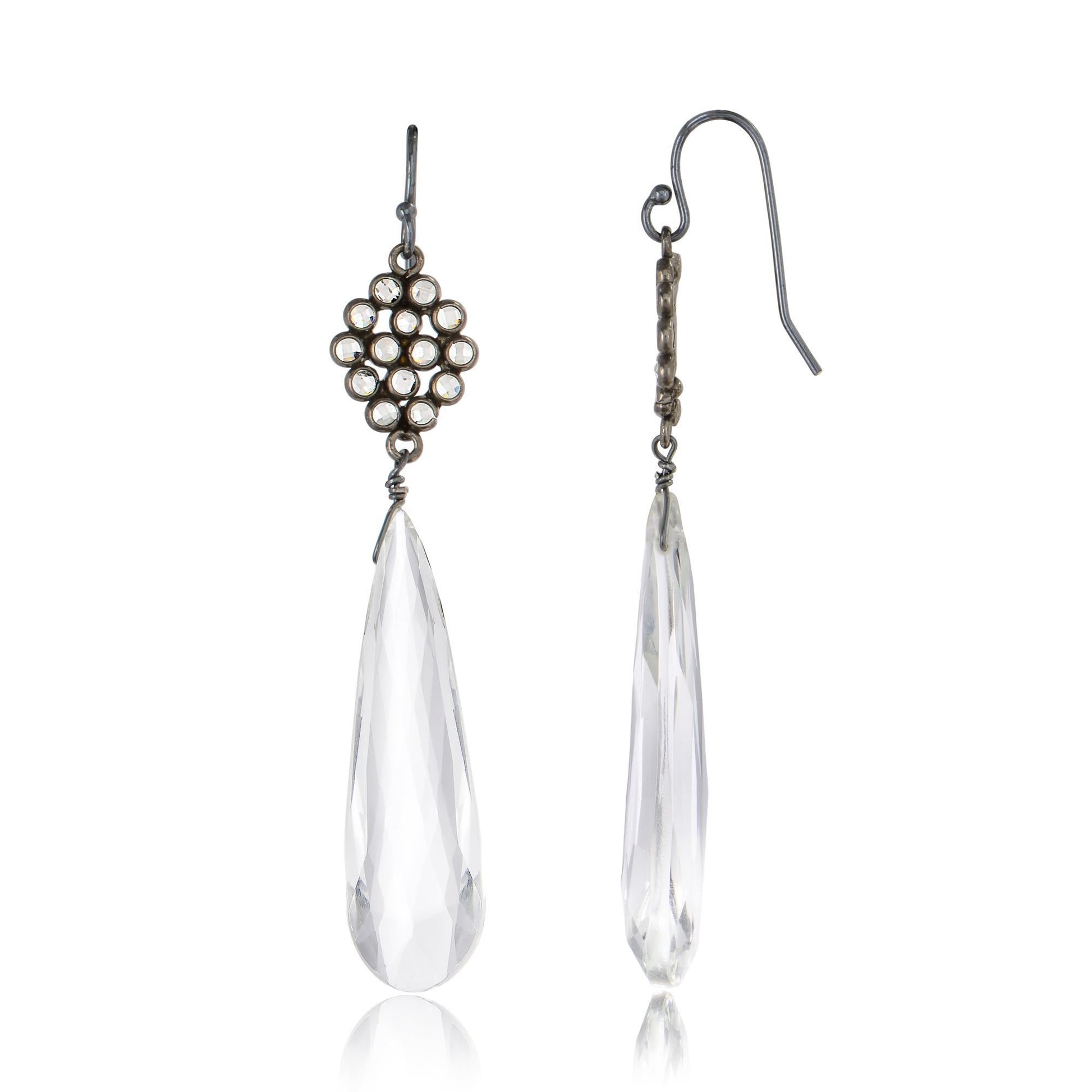 Crystal teardrop earrings with metallic tops in Theory of Thought 2nd Edition design