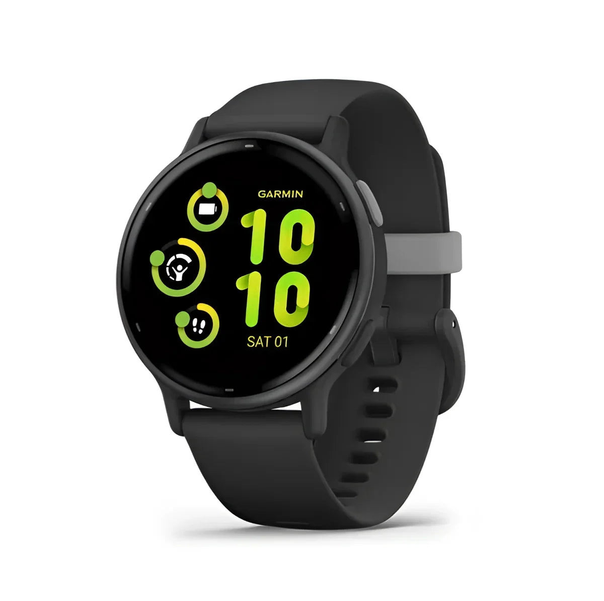 Black Garmin smartwatch with round display and green digital time on Coros Apex 2