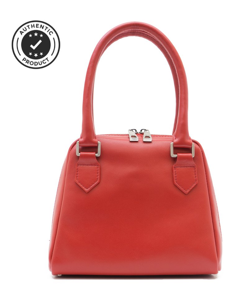 Red leather handbag with silver hardware and structured shape from Remove Logos with AI Test