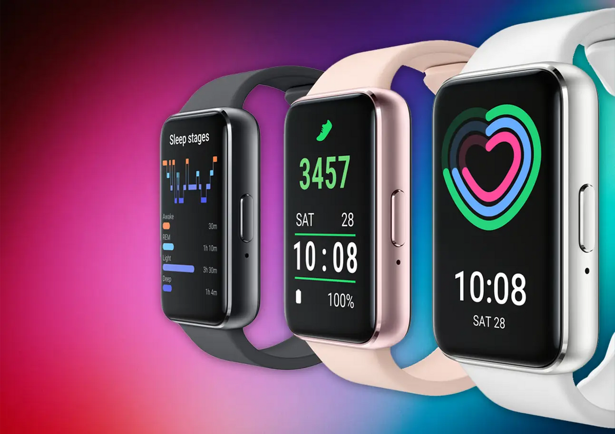Three sleek smart fit bands smartwatches with rectangular screens and black rose gold and white cases with matching straps