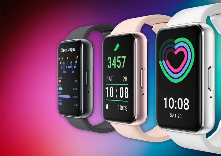 Three sleek smart fit bands smartwatches with rectangular screens and black rose gold and white cases with matching straps