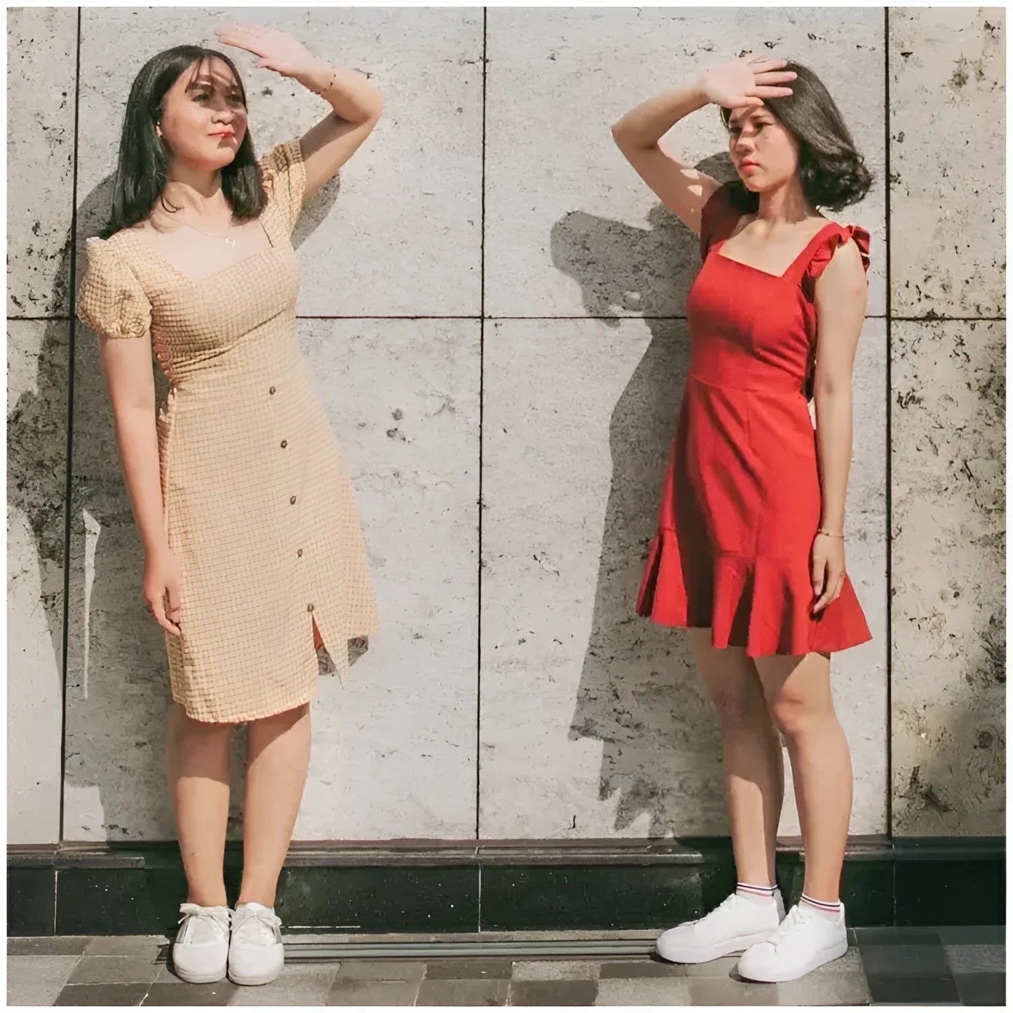 Beige textured knit dress with short puffed sleeves and side buttons perfect for smart gadgets and casual sports looks