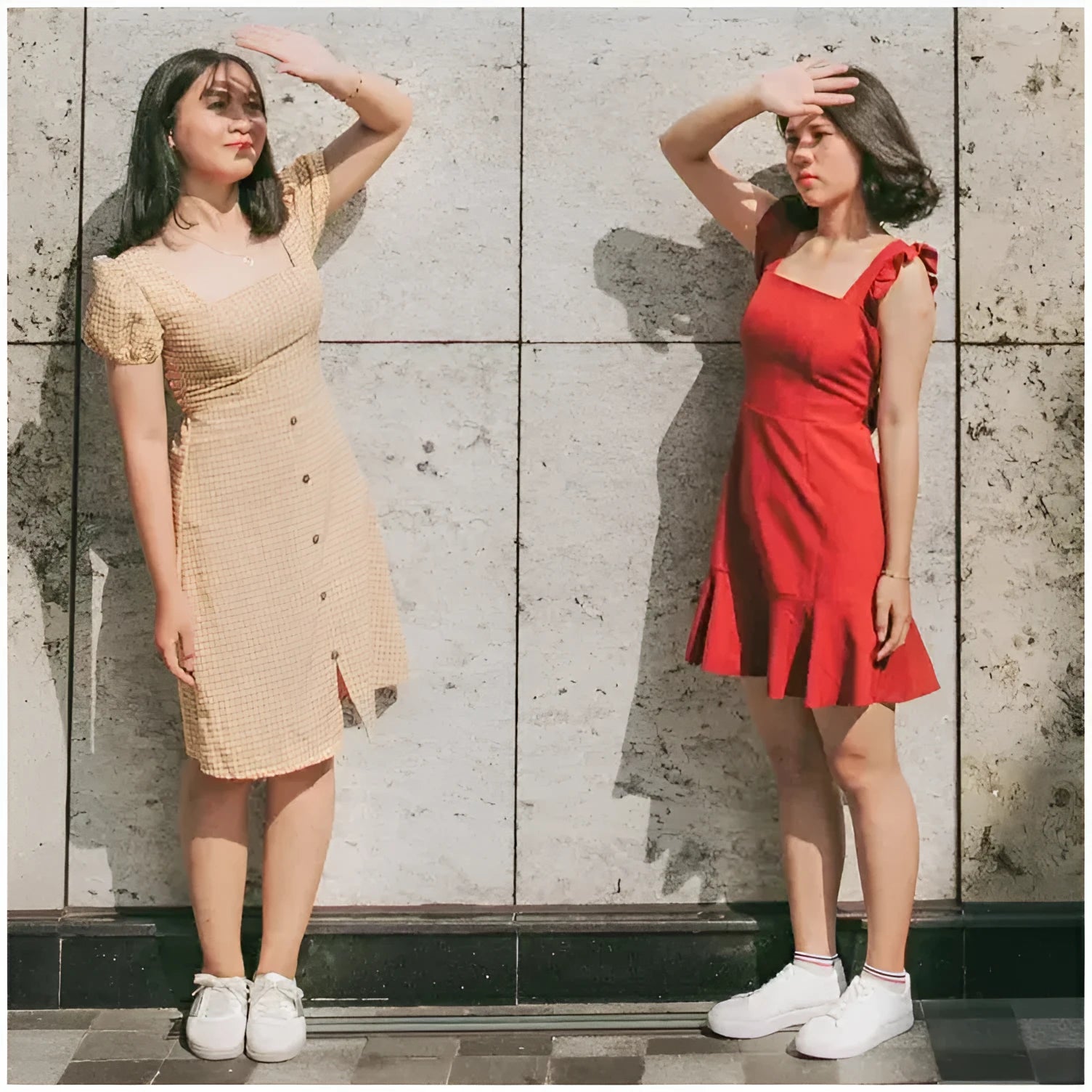 Beige textured knit dress with short puffed sleeves and side buttons perfect for smart gadgets and casual sports looks