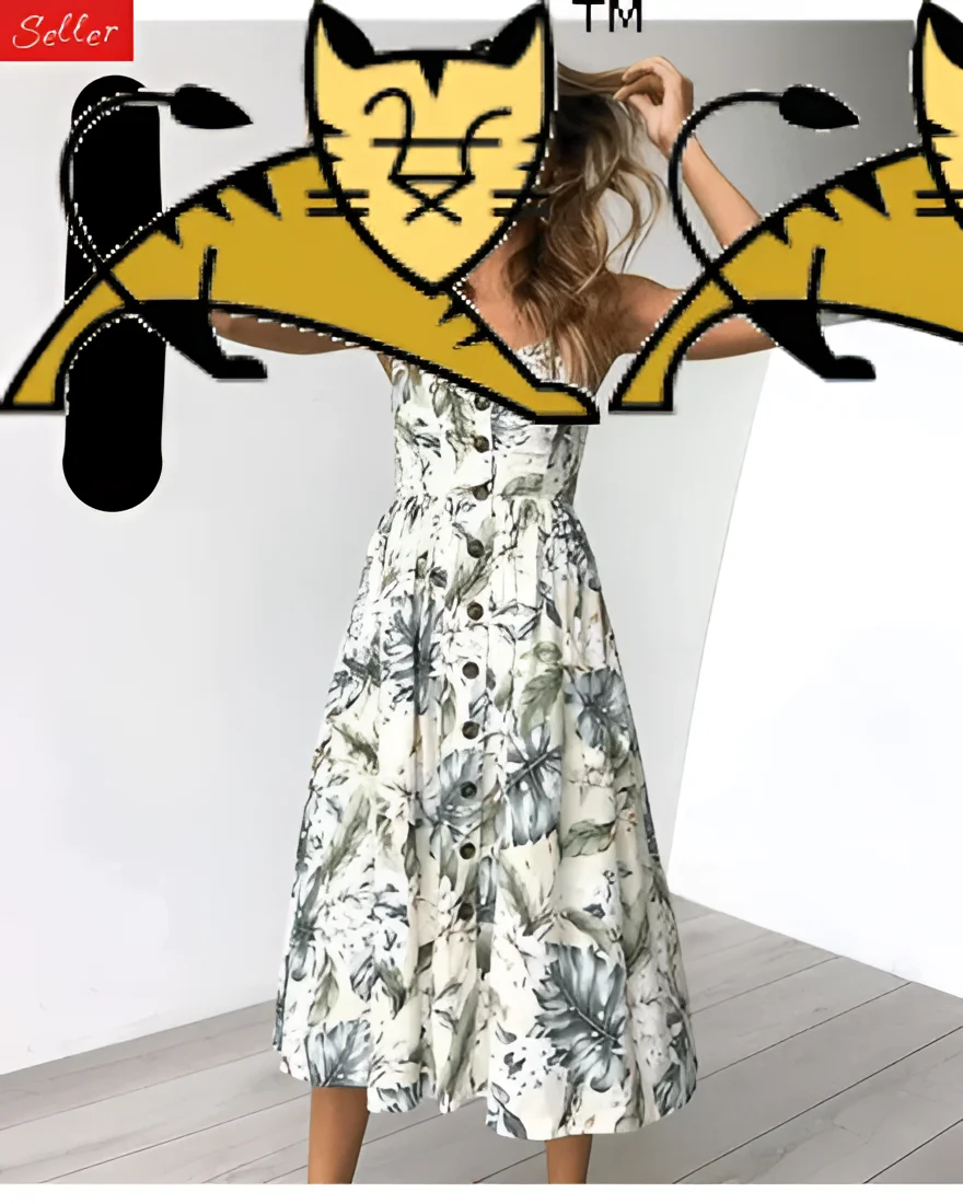 White floral print sleeveless dress with button front and ruffled hem for SKULLS AND ROSES MEN’S HIGH TOPS