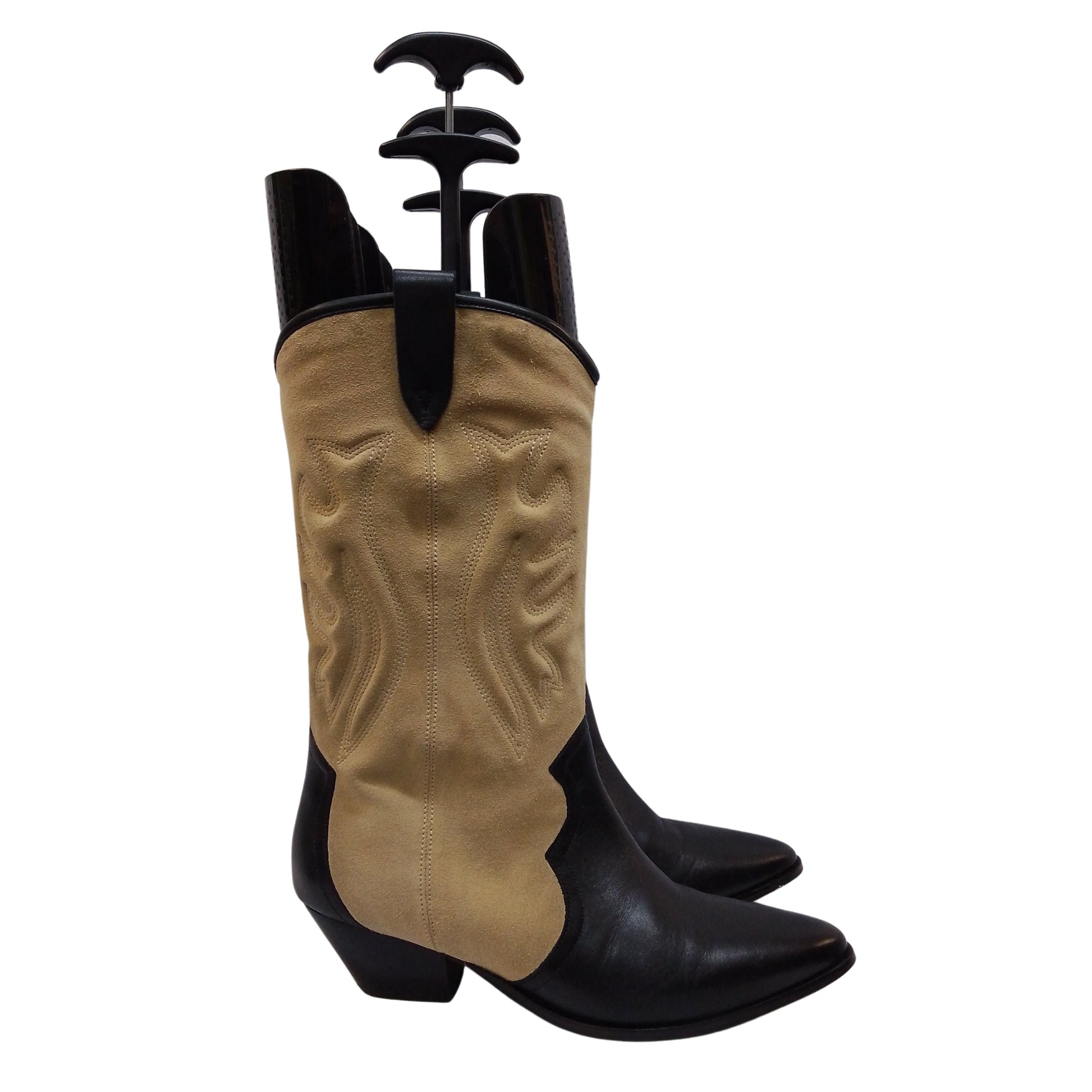 Cowboy boot organizer with black handles and tan leather design for sale