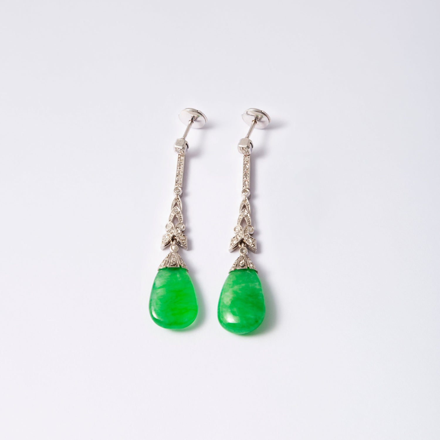 Green Jade and Silver Drop Earrings with Intricate Floral Detailing for NP3