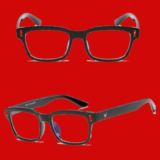 Black rectangular frame glasses with clear lenses and gray temples from Updated Title New