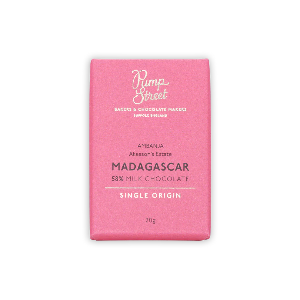 A vibrant pink pump street mini bar wrapper with 58% madagascar milk chocolate from akessons estate