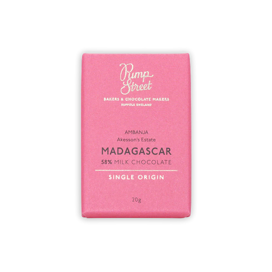 A vibrant pink pump street mini bar wrapper with 58% madagascar milk chocolate from akessons estate
