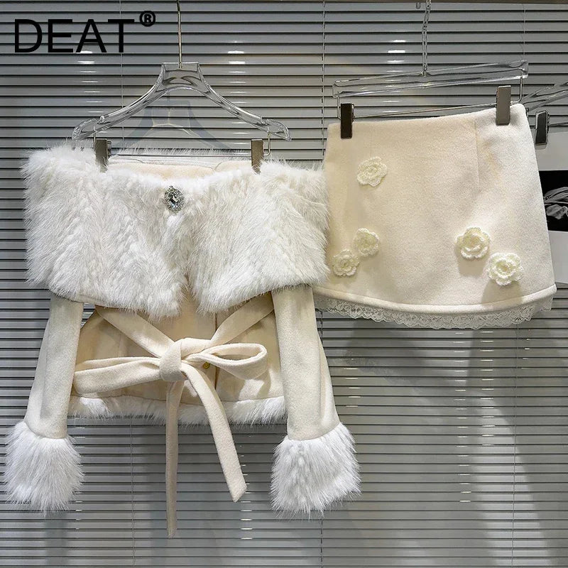 White fur coat with floral embellishments and lace details for Pink Rimless Sunglasses event