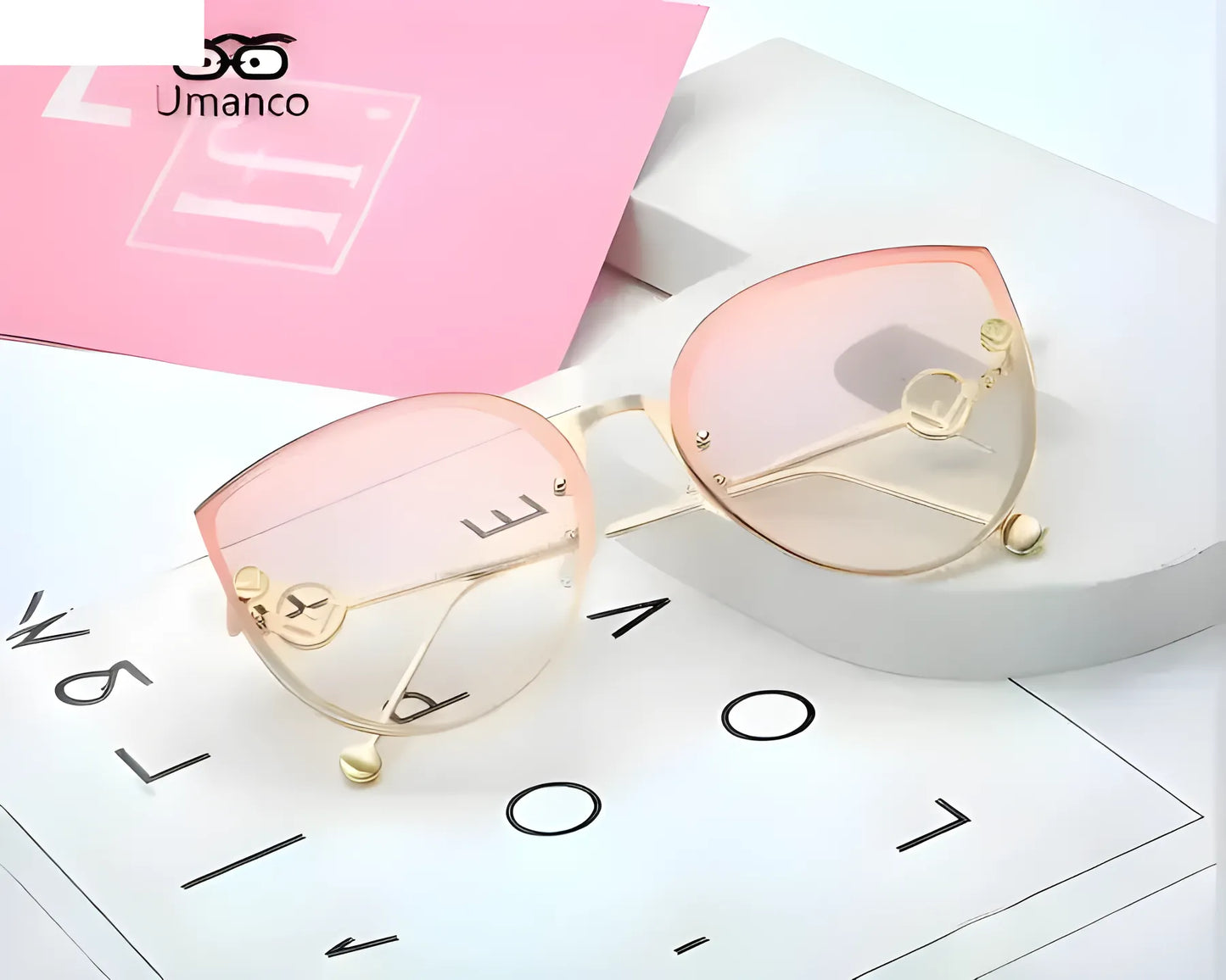 Rose gold rimless sunglasses with clear lenses and minimalist bow tie design for Cinéma Events