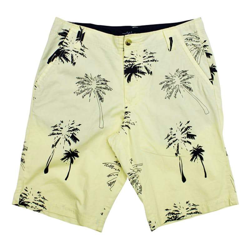 Yellow palm tree print shorts with bow tie logo for enhanced SEO images and traffic
