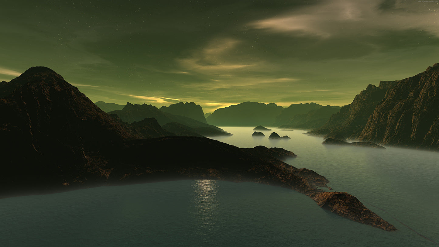 A serene mountain lake scene on pump street mini bars packaging with moody green and gold sky at dusk