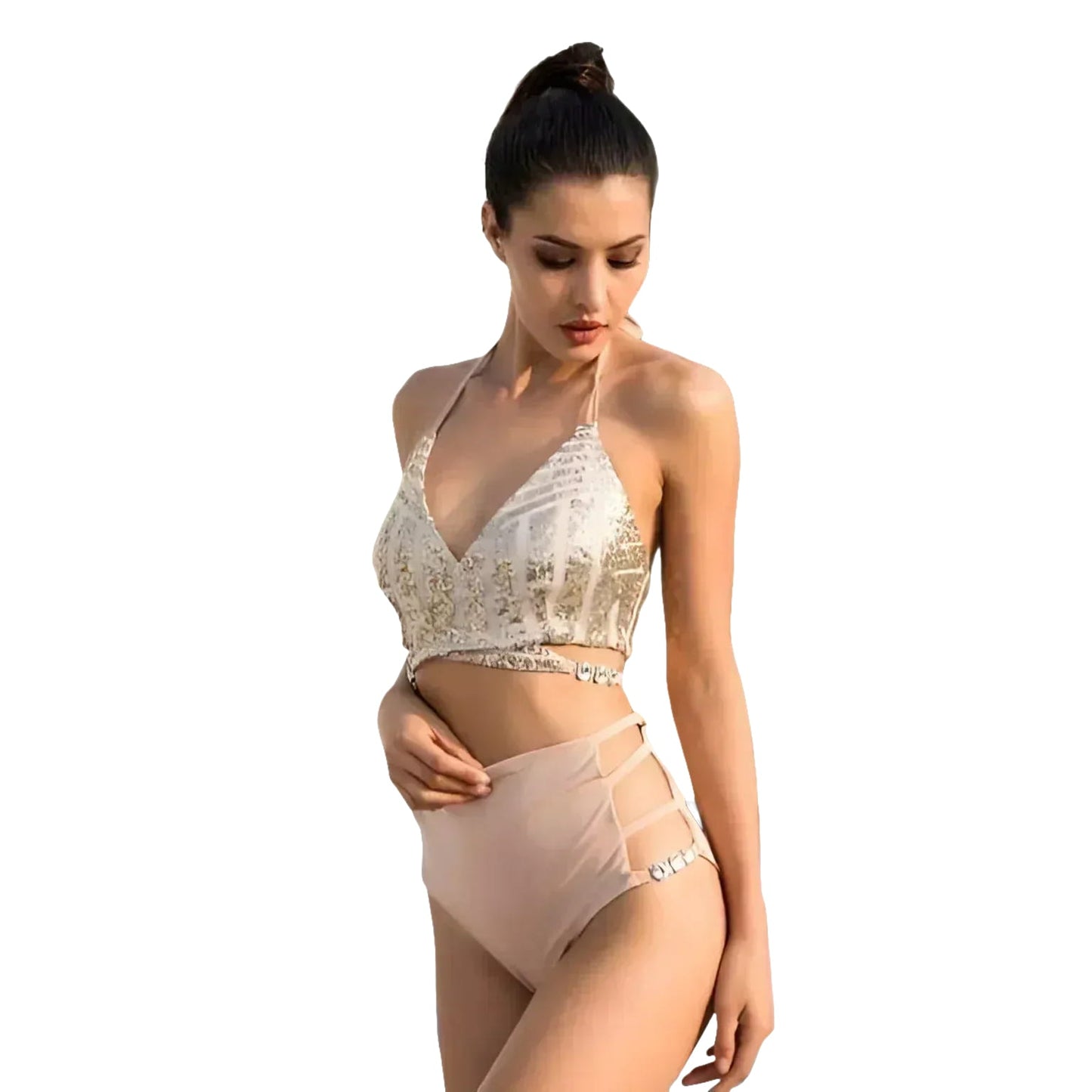 A two-piece swimsuit with a white halter top and light pink high-waisted bottoms from 501 501 denim fashion cap buyathome24