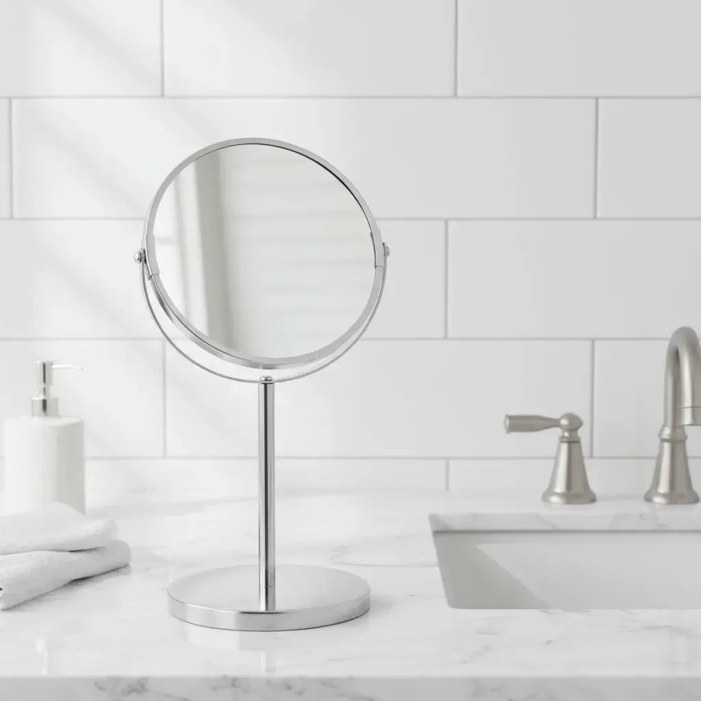 A sleek silver-toned round vanity mirror with a slender stand and circular base for 501 denim fashion cap buyers