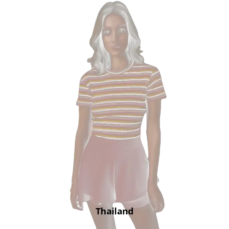 A woman wearing a short-sleeved beige gold and white striped top modeling the 501 501 denim fashion cap