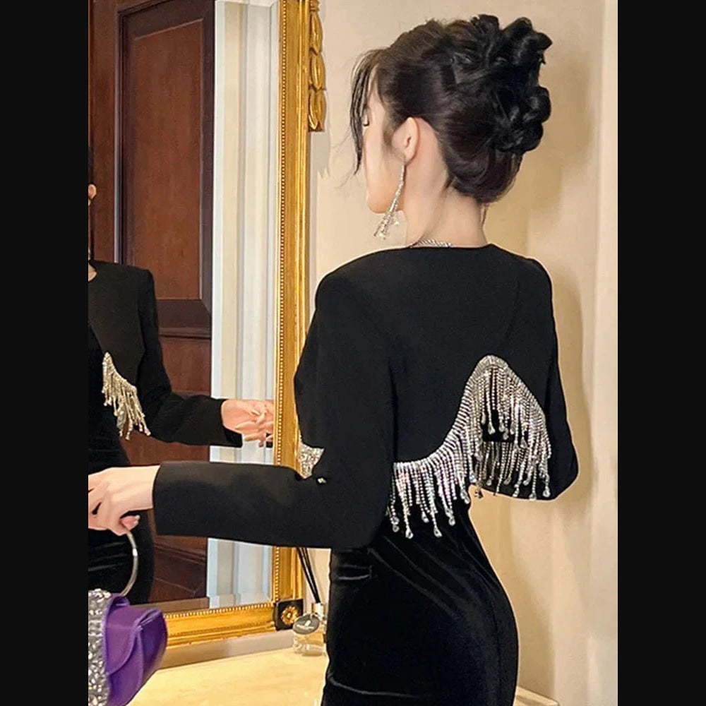 Black velvet dress with silver tassel detail on the back featured in 501 501 denim fashion cap collection buyathome24