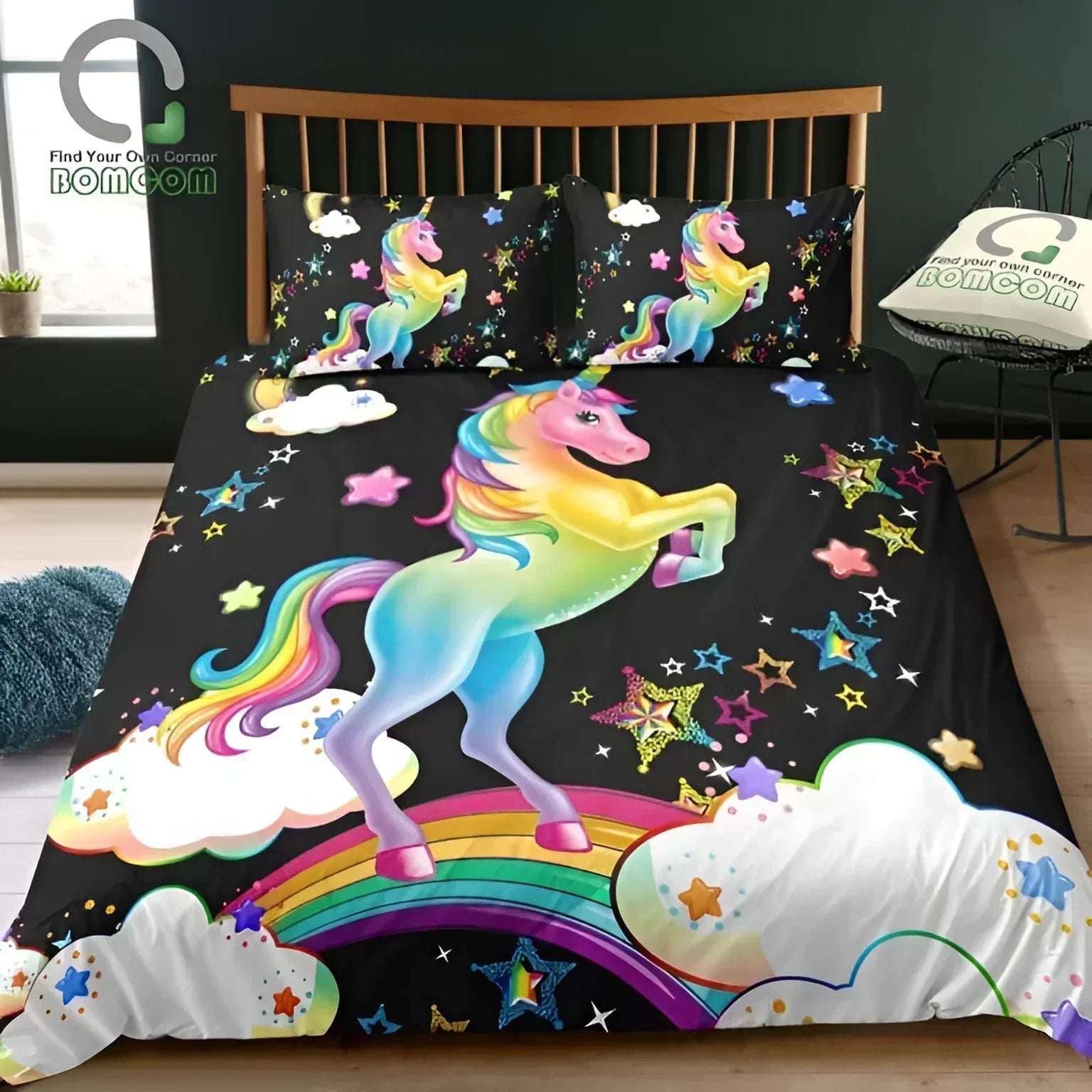 Rainbow-colored unicorn-themed bedding set with starry design on black background for 501 501 Denim Fashion Cap buyers