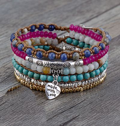 Multicolored beaded bracelet set with made with love charm displayed in Test BG Photos