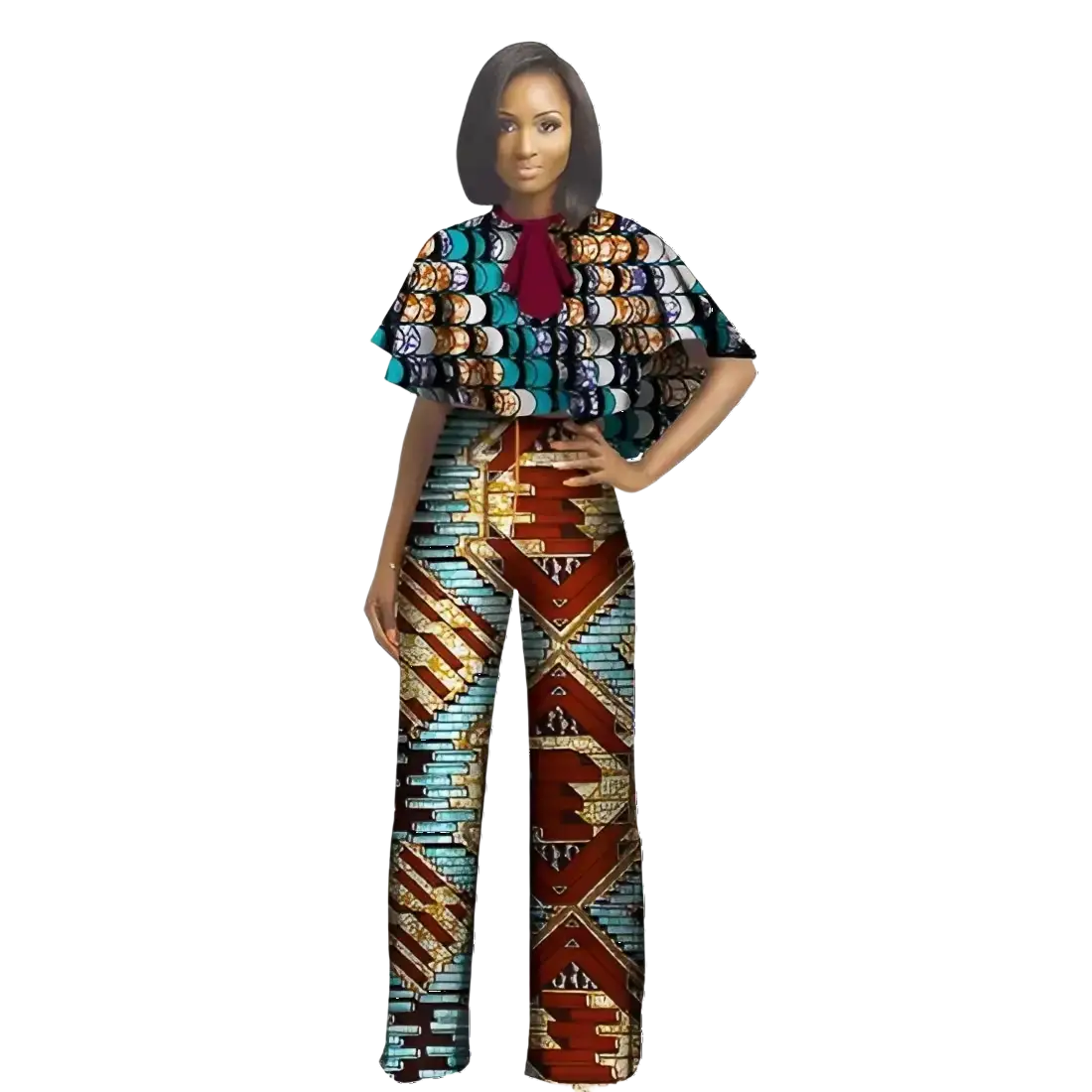 A vibrant two-piece jumpsuit with bold teal red gold and black geometric tribal patterns for 501 denim fashion cap