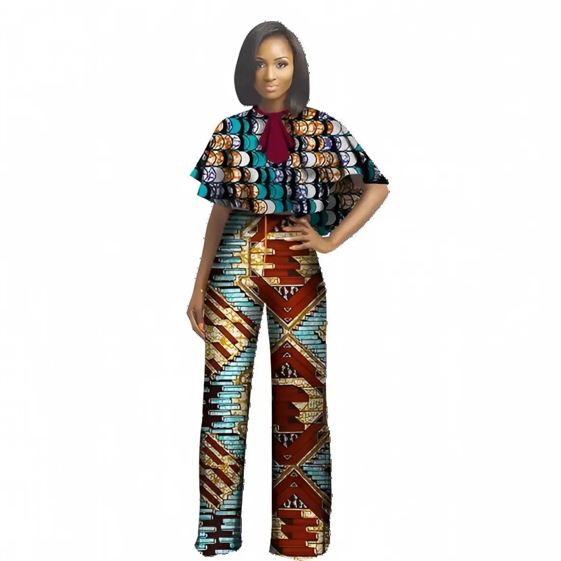 A vibrant one-piece jumpsuit with bold teal red gold and black geometric pattern and matching cape-style top from 501 Denim Fashion Cap