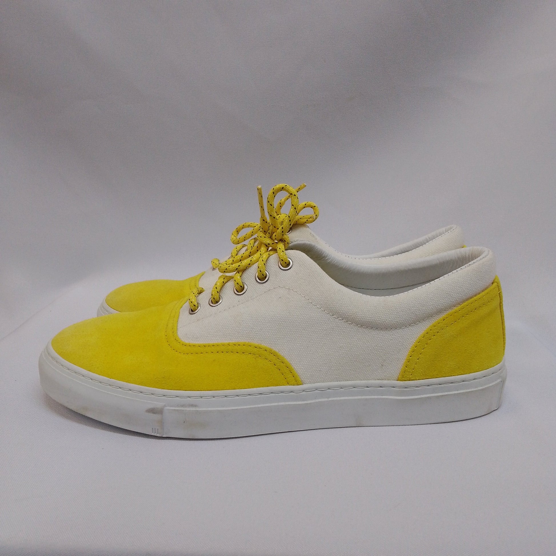 Yellow and white canvas sneakers with lace-up design for sale and purchase