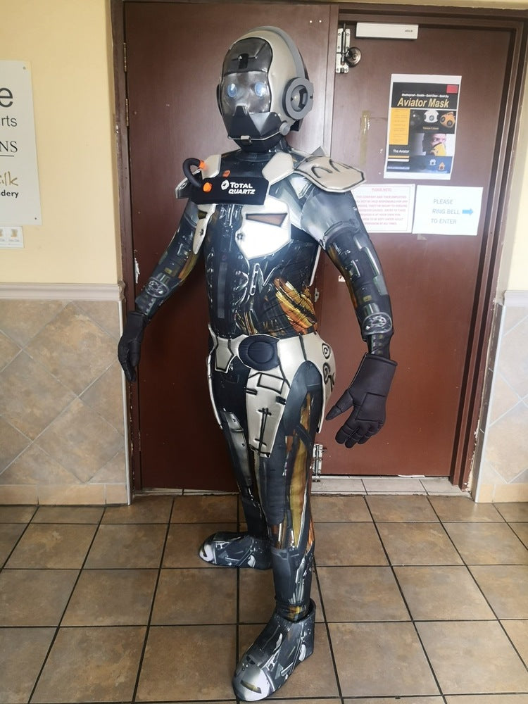 Futuristic silver and black space suit with white accents made of synthetic materials