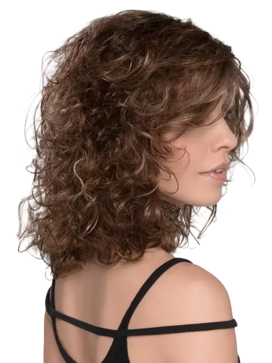 Curly brown wig with black crisscross back design sticker product