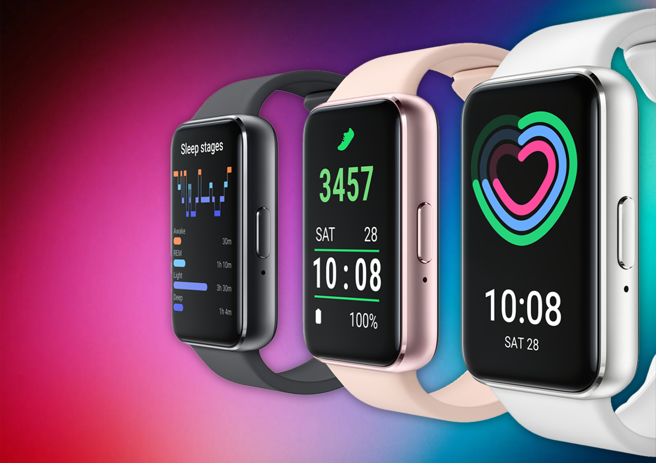 Three huawei smartwatches with sleek rectangular faces and minimalist black rose gold and white bands for pump street mini bars