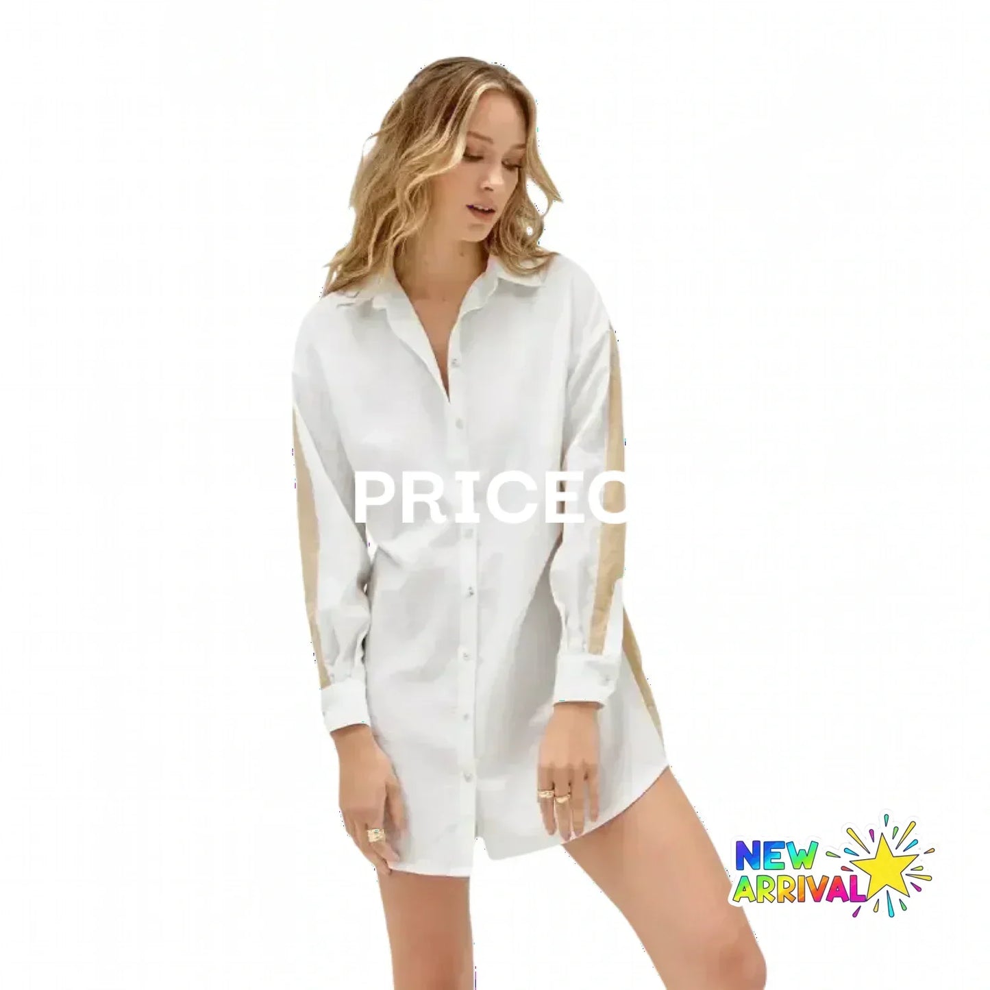 White button-up shirt dress with gold-tone panel accents shown in background credit test2 credit test image