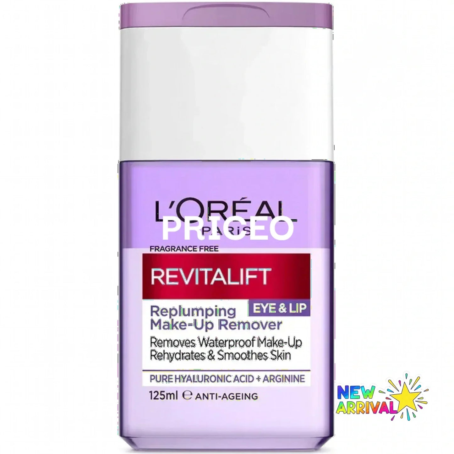Lavender eye and lip makeup remover bottle with white cap l’oréal paris revitalift label in background credit test2
