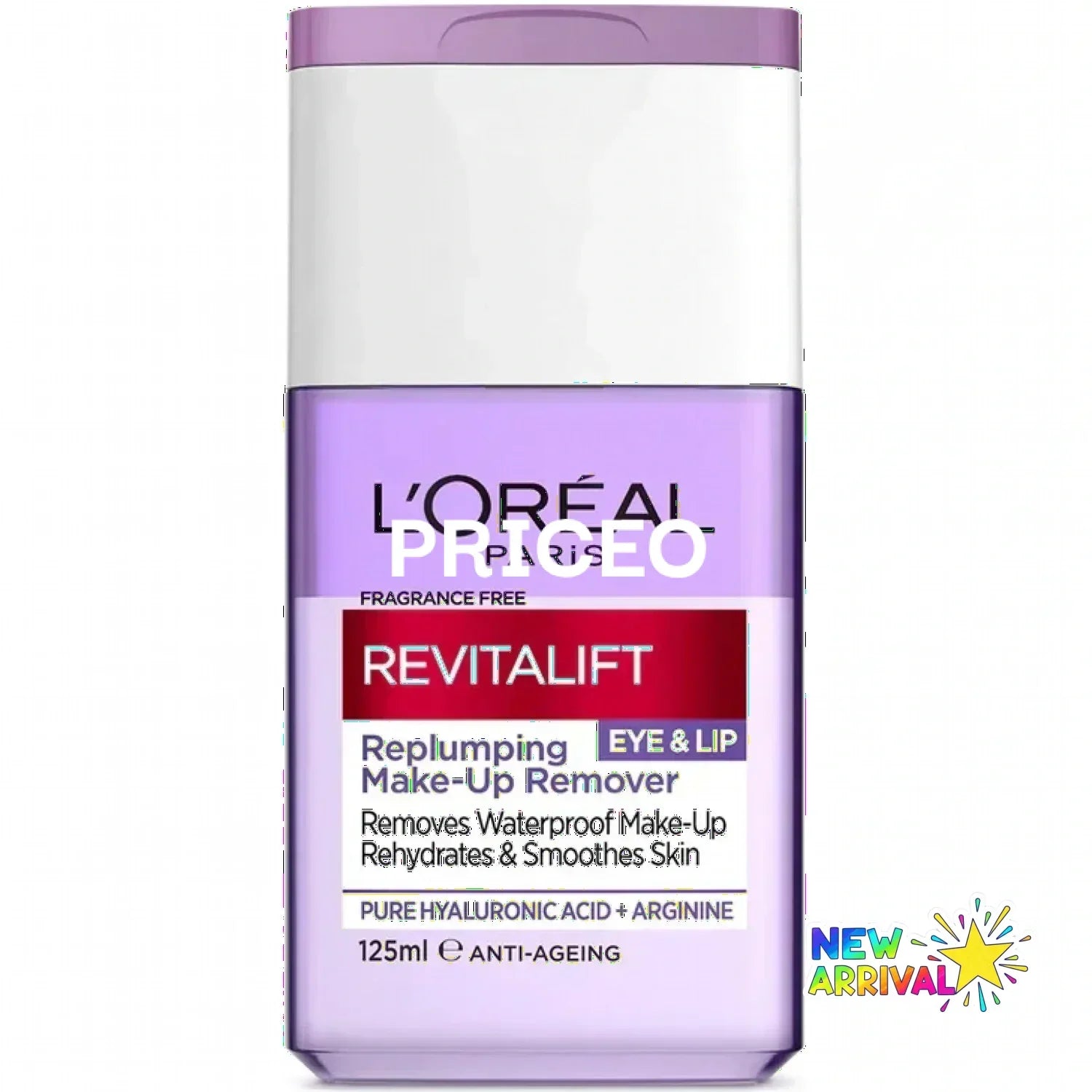 Lavender eye and lip makeup remover bottle with white cap l’oréal paris revitalift label in background credit test2