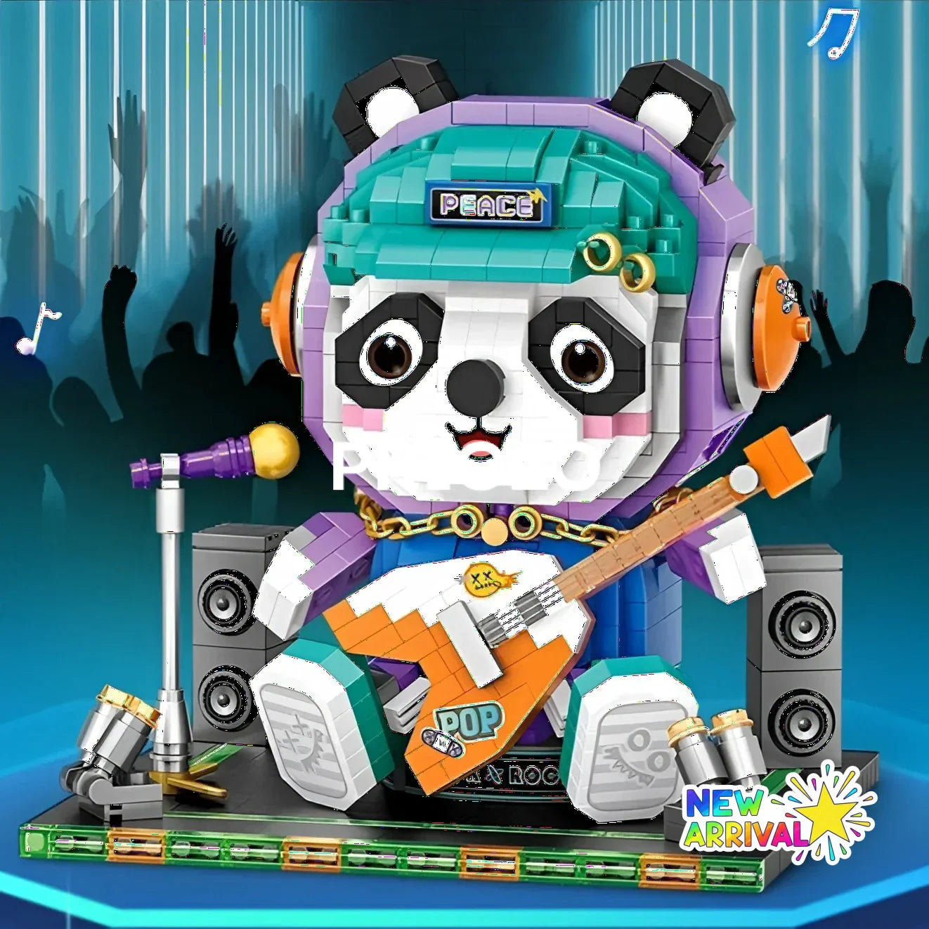Panda toy with guitar made of colorful plastic blocks on a background credit test2 setup for creative play