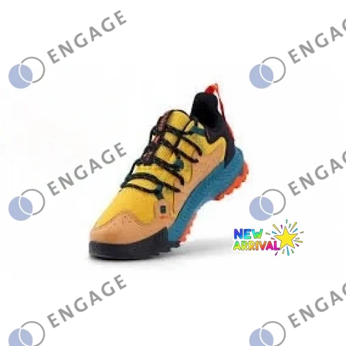 Yellow and blue trail running shoe with black laces and rugged sole paired with balancing facial toner product packaging