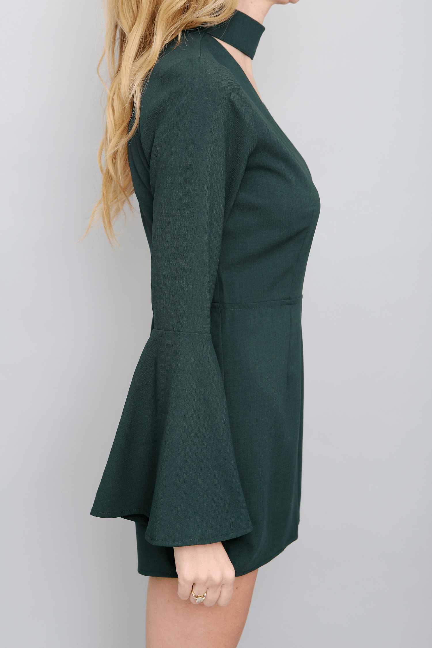 Dark green peplum dress with shoulder cutout detail for Phillips 9000 Shaver product image