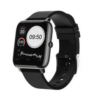 Black smartwatch with a square face and matching silicone strap.