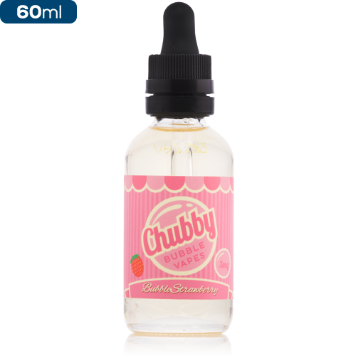 60ml Chubby Bubble Vape bottle with strawberry design and pink label on Test BG Photos