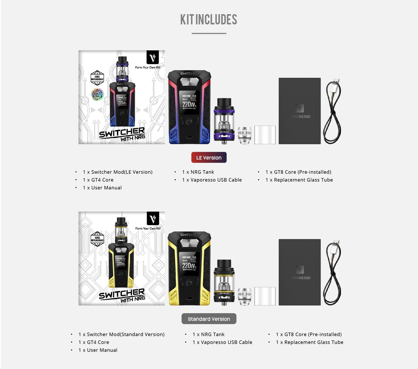 Electronic cigarette kit with black and red accents, sleek design, and NRG tank