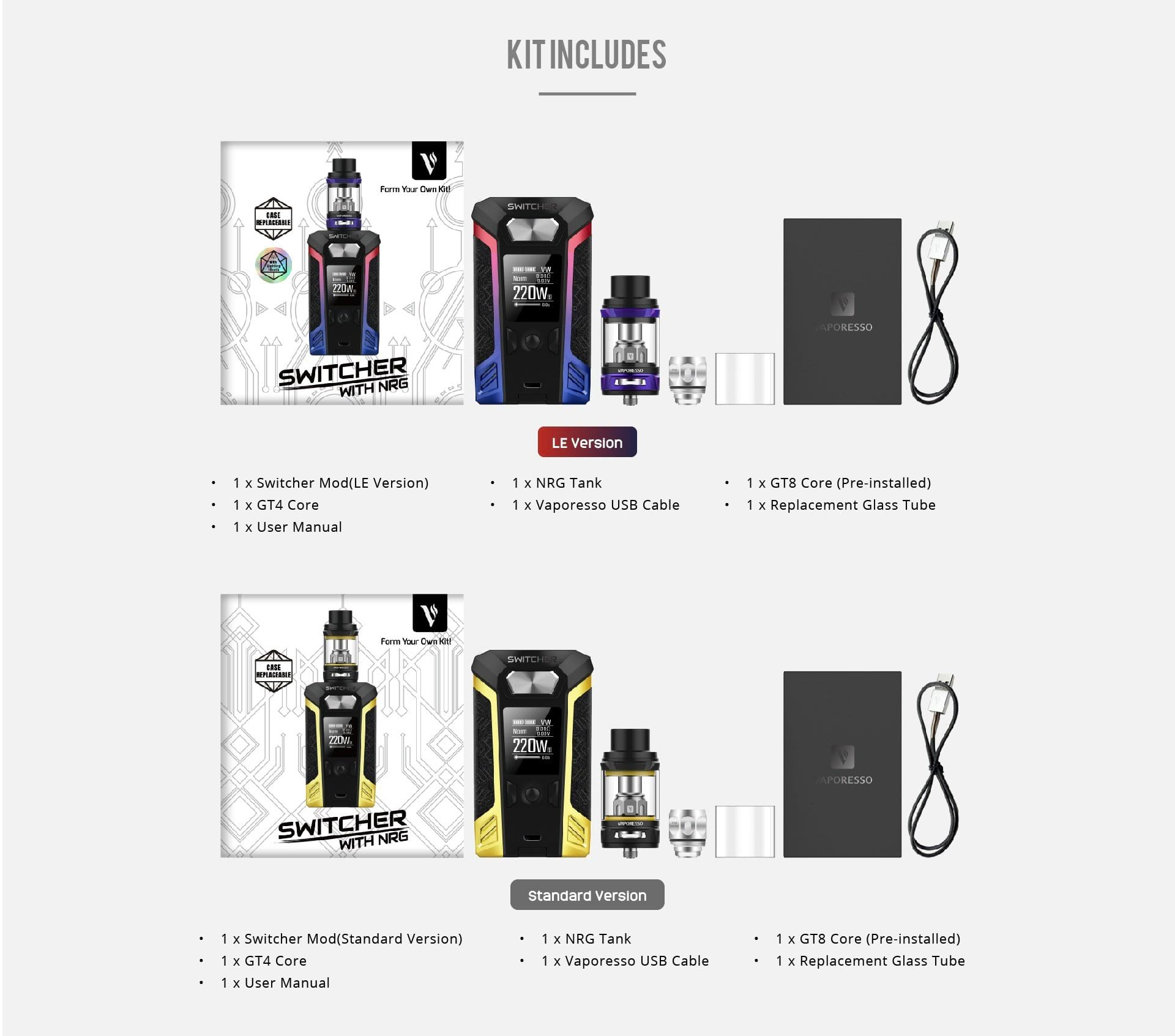 Electronic cigarette kit with black and red accents, sleek design, and NRG tank