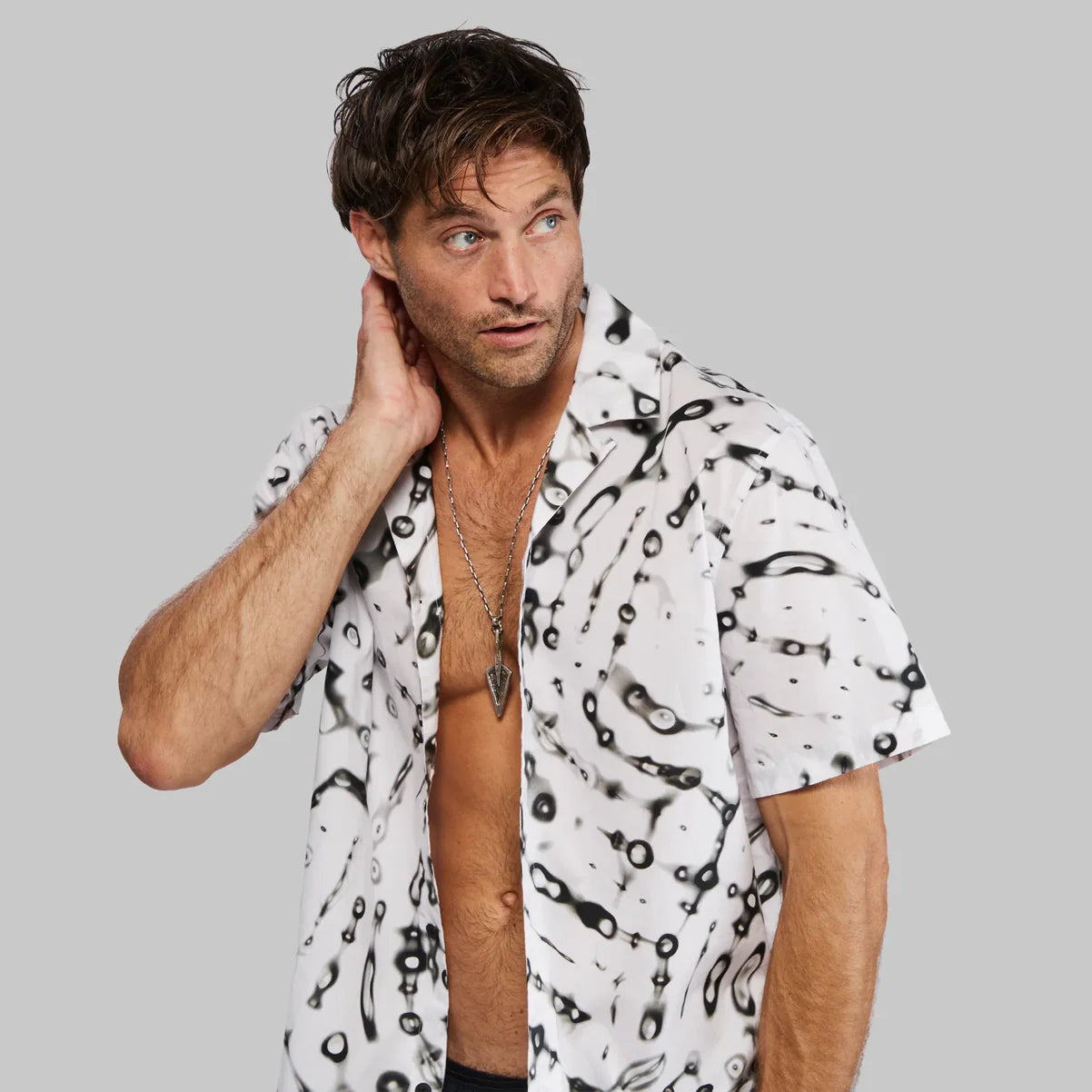 White and black abstract patterned short sleeve shirt for Grey Shirt product display