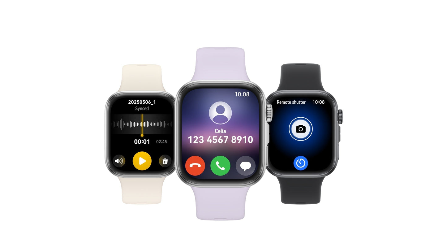 Three smartwatches with off-white light purple and black bands shown side by side for pump street mini bars