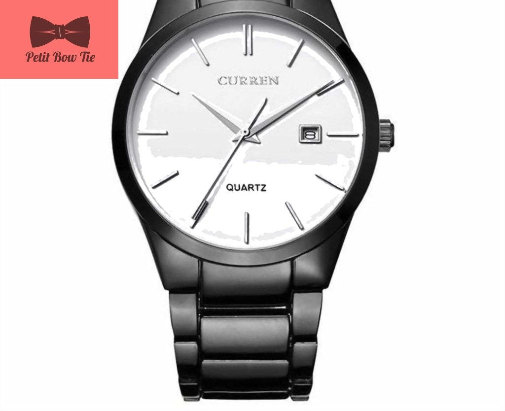 Black stainless steel Curren wristwatch with white dial and date display in transparent PNG