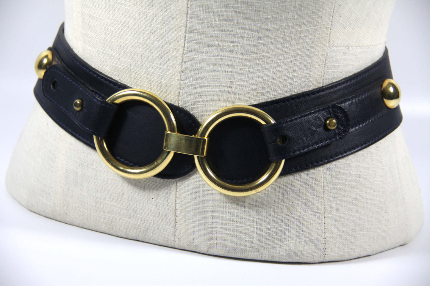Black leather belt with gold hardware and circular buckles for Nice Guy 2 product