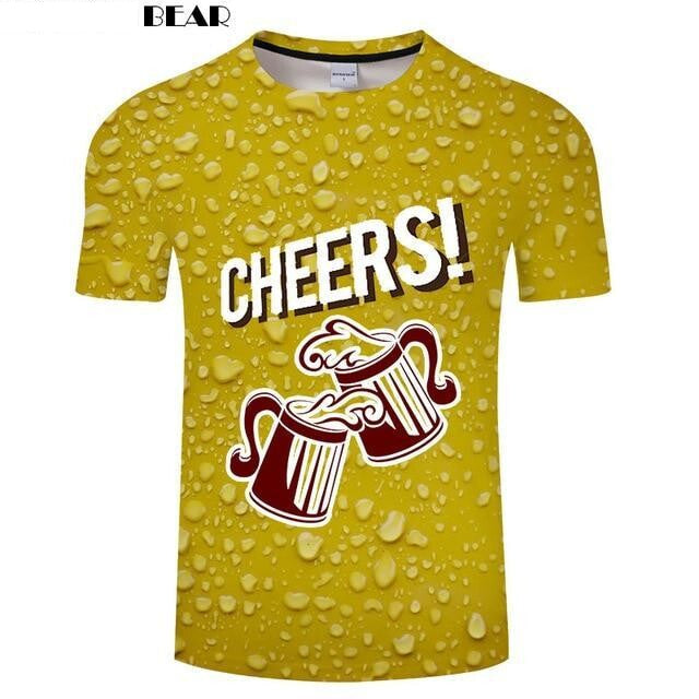Trendy yellow shirt with Cheers beer can design and water droplets pattern