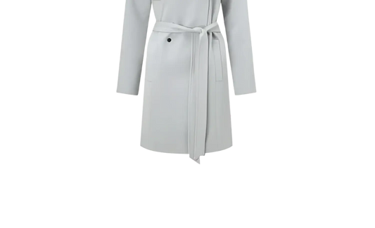 Light gray bathrobe featuring stylish black bow tie graphic and Petit Bow Tie text