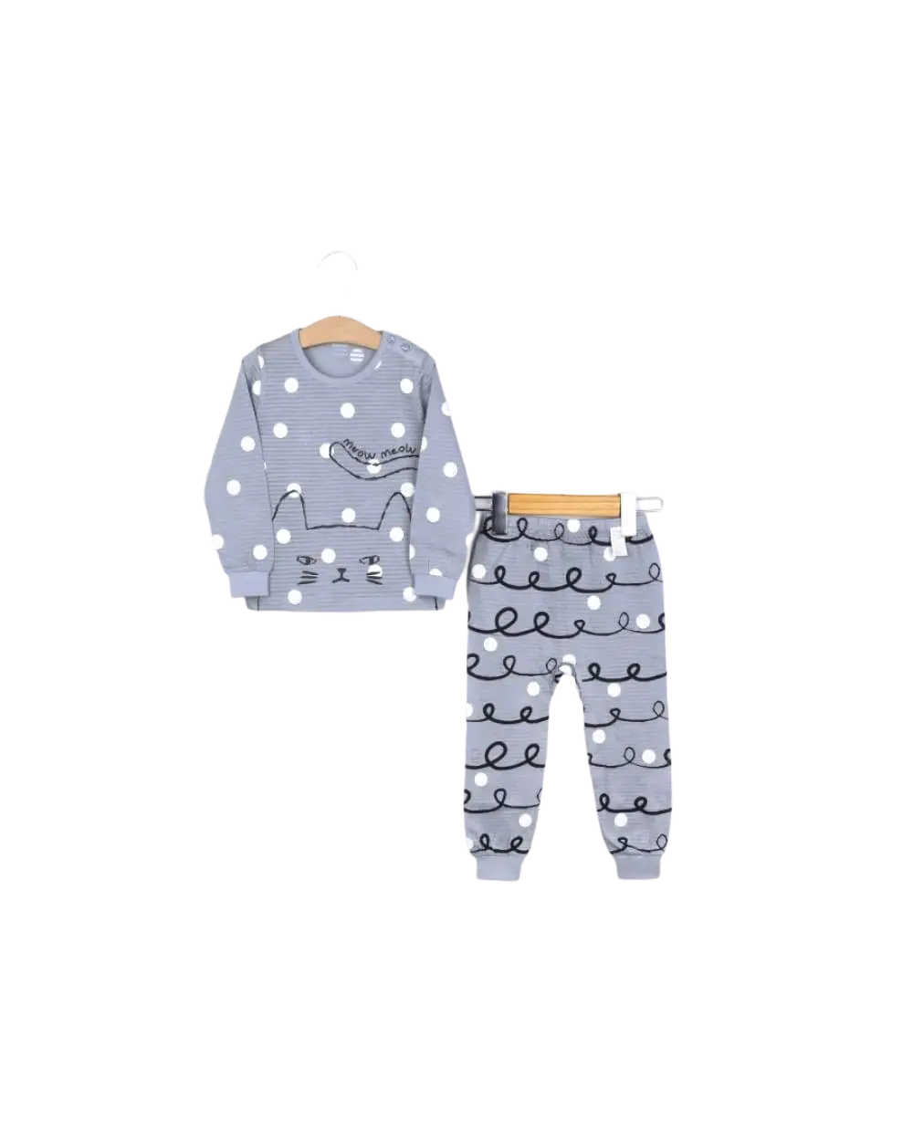 Grey and white polka dot pajama set with elephant long sleeve shirt