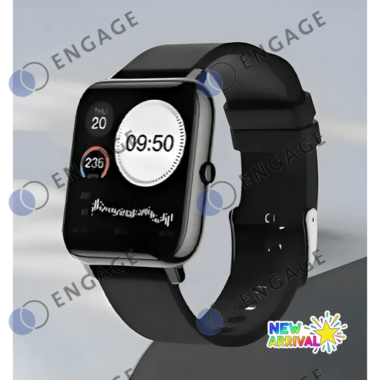 Black Apple Watch with silver case and band displaying digital time on Leisure Tapis Chien Teckel